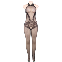 QUEEN LINGERIE - BODYSTOCKING CON ABERTURA Y ENCAJE FLORAL S/L