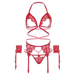 LEG AVENUE - SET CUATRO PIEZAS SUJETADOR, LIGUERO, TANGA Y PUÃ‘OS TALLA UNICA - ROJO