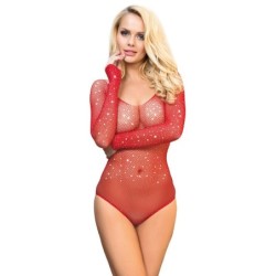 SUBBLIME - 952303 BODYSTOCKING DE REJILLA BRILLANTE CON HOMBROS DESCUBIERTOS MANGA LARGA ROJO TALLA 