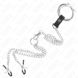 KINK - ANILLO PENE TRIPLE METAL CROMADO 3.8 CM A 5 CM CON CADENA METAL 26 CM Y PINZAS PARA PEZONES M