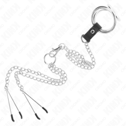 KINK - ANILLO PENE TRIPLE METAL CROMADO 3.8 CM A 5 CM CADENA METAL 26 CM Y PINZAS PARA PEZONES MODEL