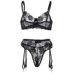 SUBBLIME - 945237 SUJETADOR + PANTIES CON LIGUERO DISEÃ‘O FLORAL NEGRO S/M