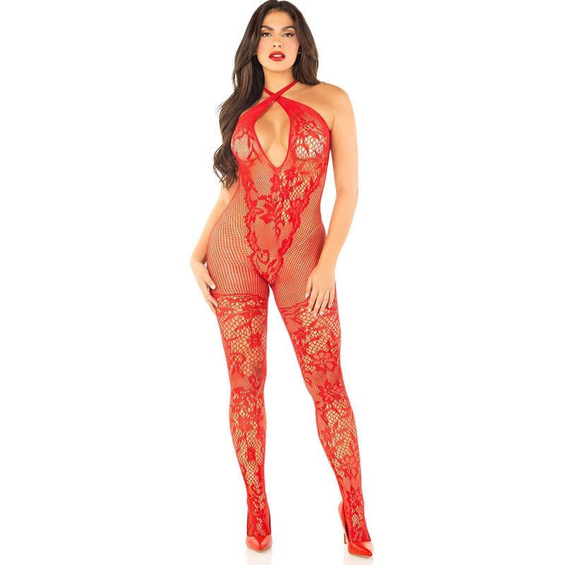 LEG AVENUE - BODYSTOCKING DE REJILLA CON ESTAMPADO DE FLORES ROJO TALLA ÃšNICA