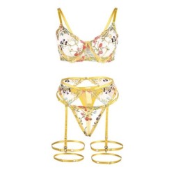 SUBBLIME - 954345 SUJETADOR + TANGA + LIGUEROS DISEÃ‘O FLORAL AMARILLO S/M