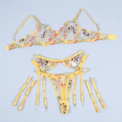 SUBBLIME - 954352 SUJETADOR + TANGA + LIGUEROS DISEÃ‘O FLORAL AMARILLO L/XL