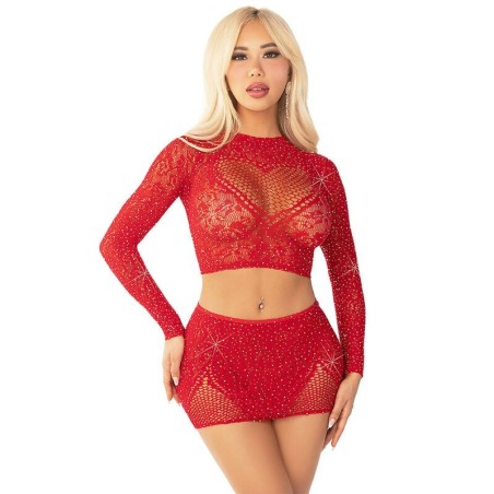 LEG AVENUE - TOP + FALDA DE REJILLA CON BRILLANTES ROJO